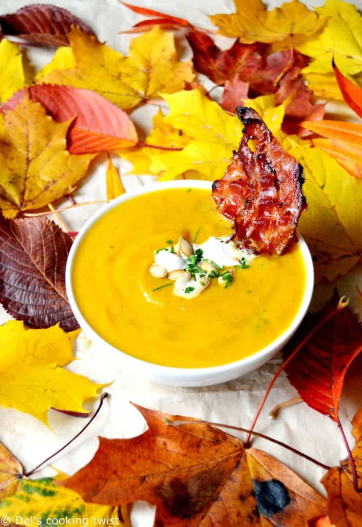 Roasted Pumpkin Soup with Maple-Candied Bacon