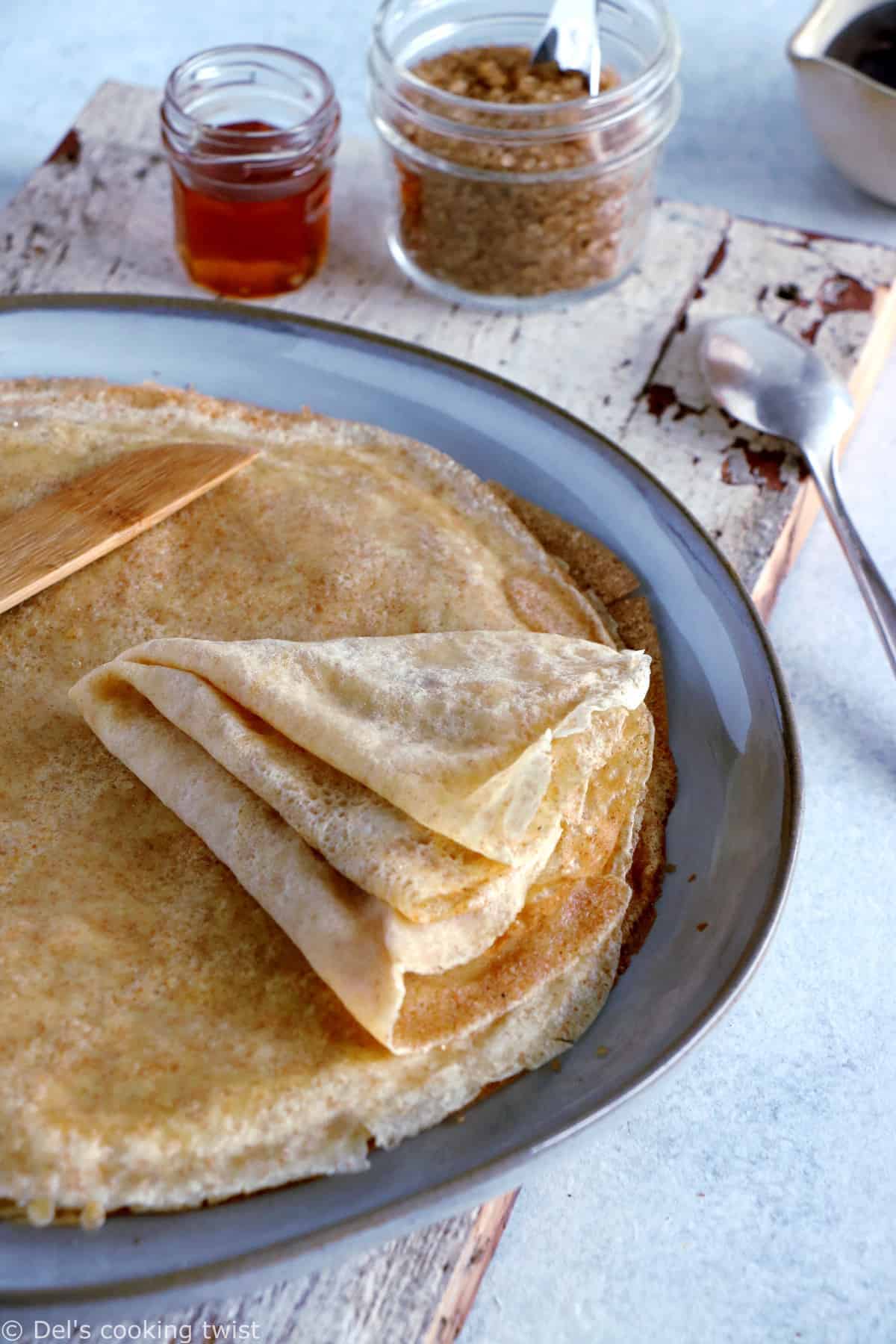 Spelt flour crepes are easy to make, with a perfect thin, light and supple texture and a mild, nutty flavor.