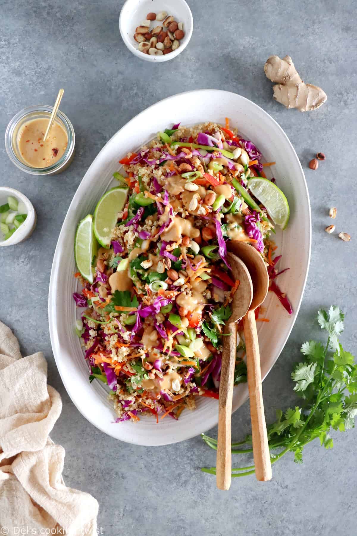 Délicieuse salade Thai au quinoa aux légumes croquants et servie avec une irrésistible sauce au beurre de cacahuète et au gingembre.