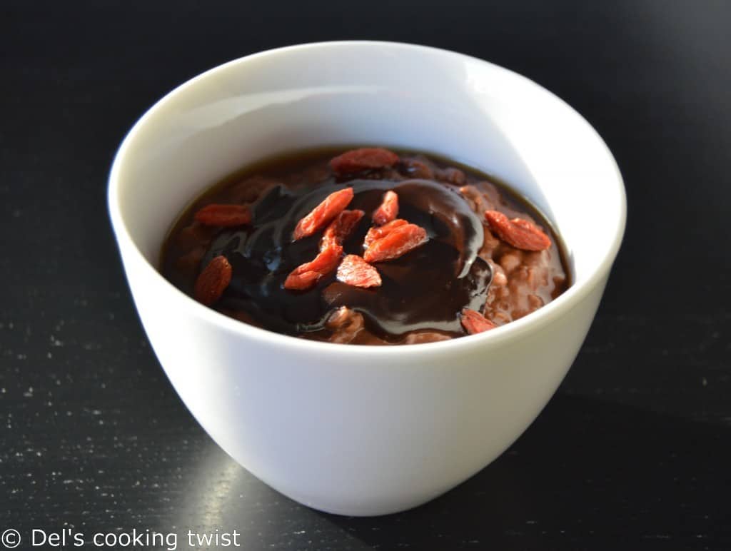 Vegan double chocolate oatmeal with goji berries