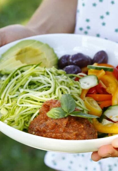 This simple raw zucchini spaghetti bowl makes a healthy everyday lunch recipe, loaded with veggies. It's also vegan and gluten-free.