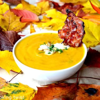 Roasted Pumpkin Soup with Maple-Candied Bacon