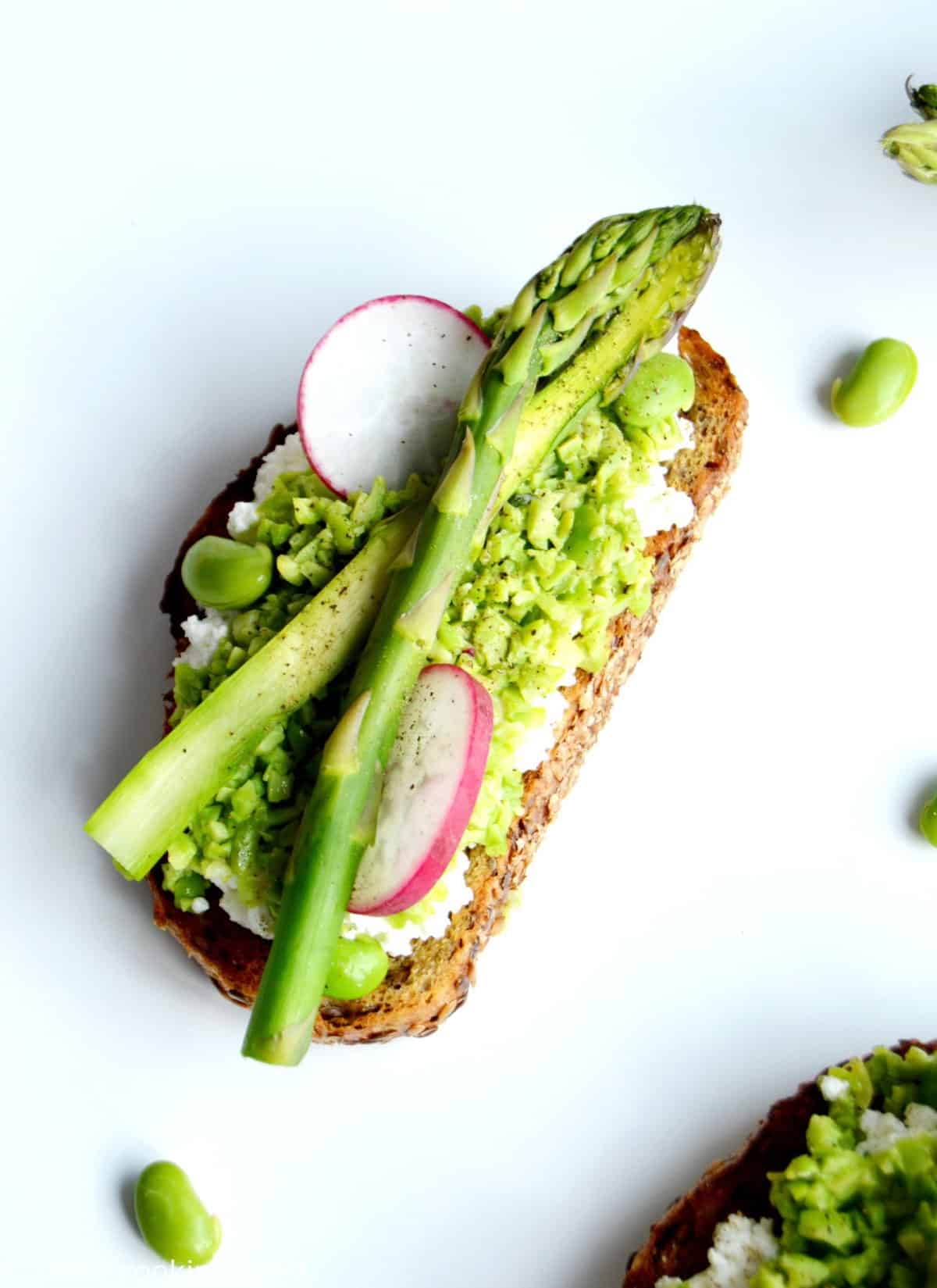 Spring vegetables and ricotta tartine