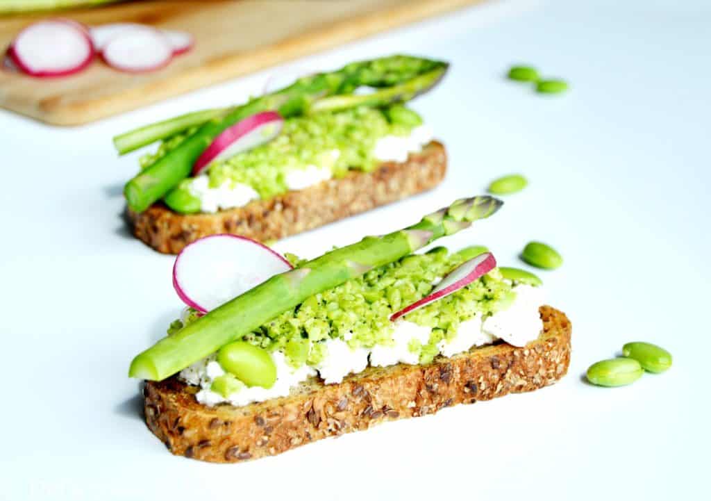 Spring vegetables and ricotta tartine