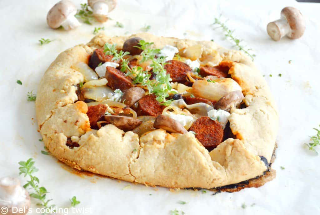 Rustic goat cheese chorizo and wild mushrooms galette