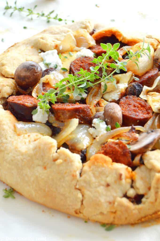 Rustic goat cheese chorizo and wild mushrooms galette