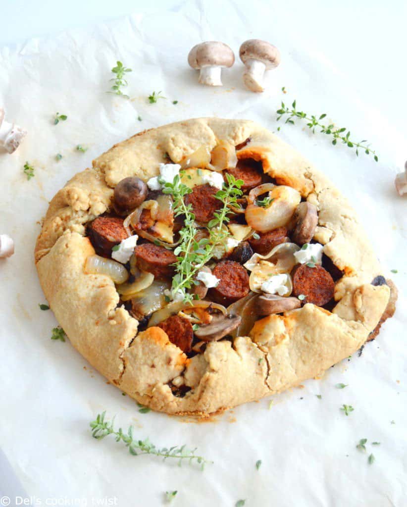 Rustic goat cheese chorizo and wild mushrooms galette