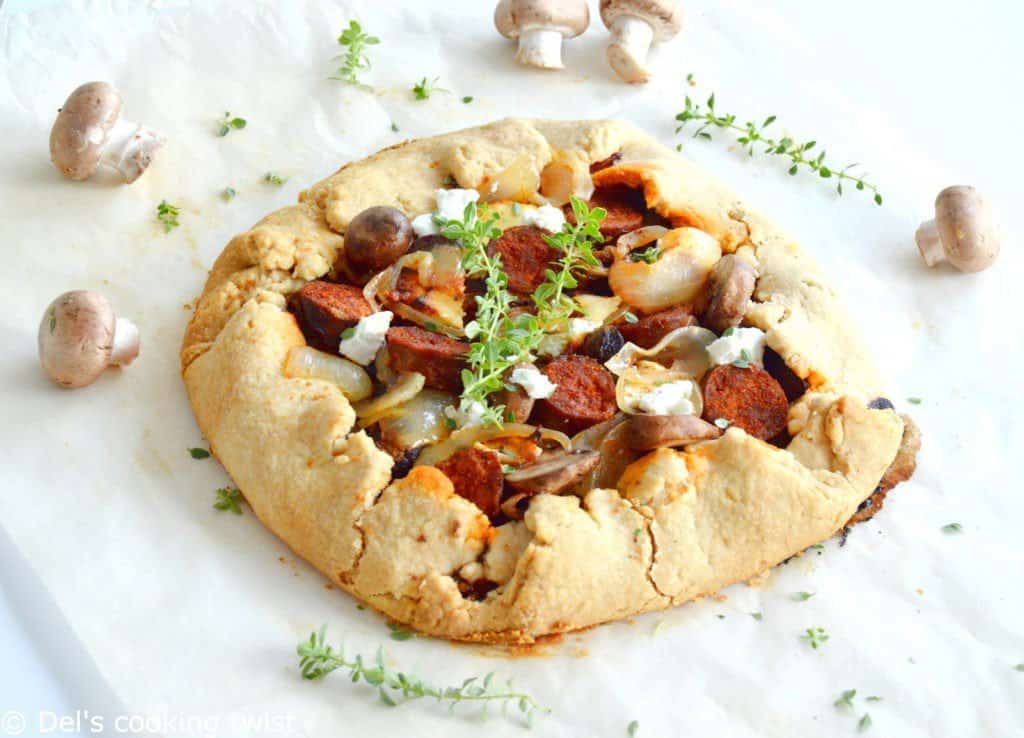 Rustic goat cheese chorizo and wild mushrooms galette