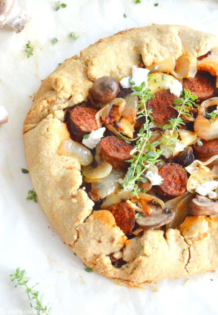 Rustic goat cheese chorizo and wild mushrooms galette