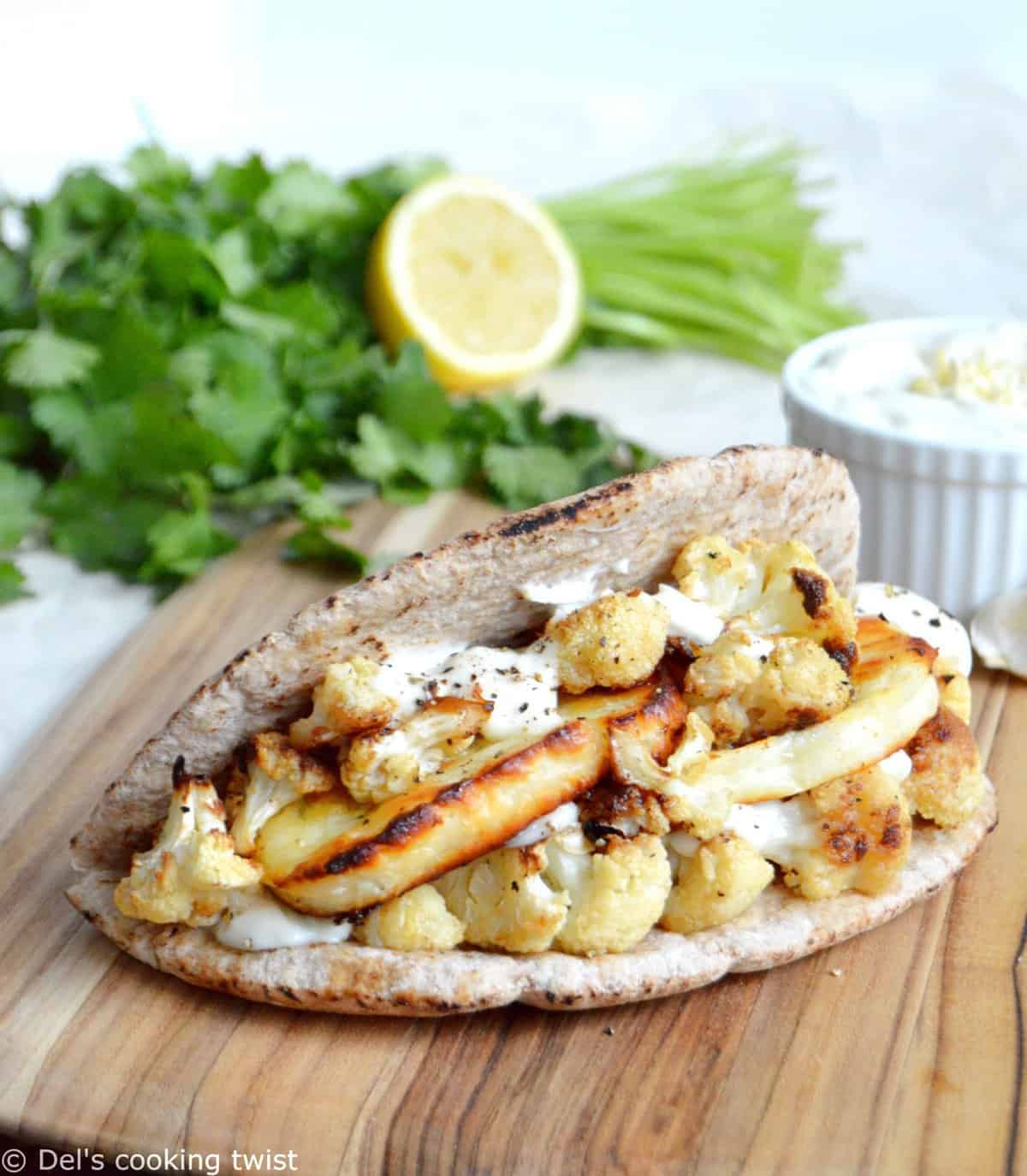 Roasted Lemon Cauliflower & Halloumi Pita Pockets