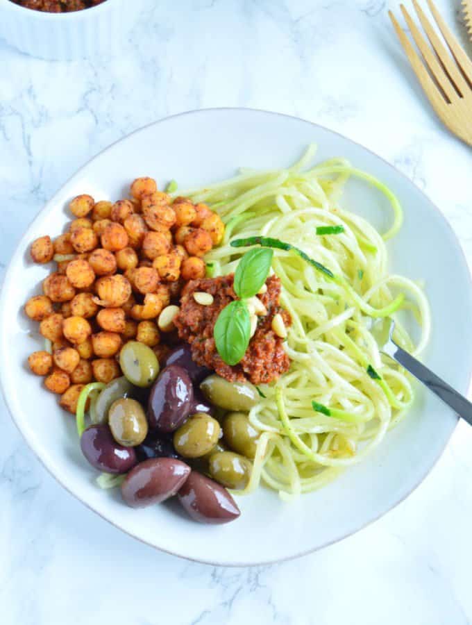 Greek Zoodles with roasted chickpeas