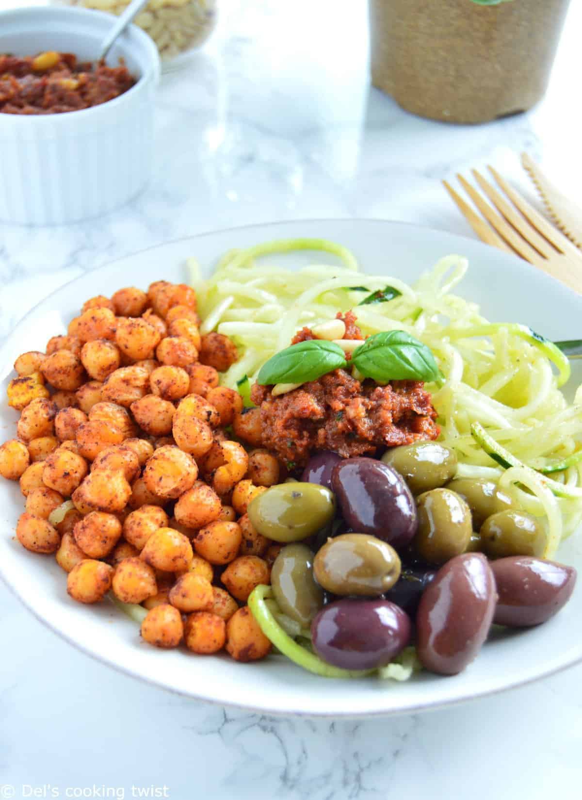 Greek Zoodles with roasted chickpeas