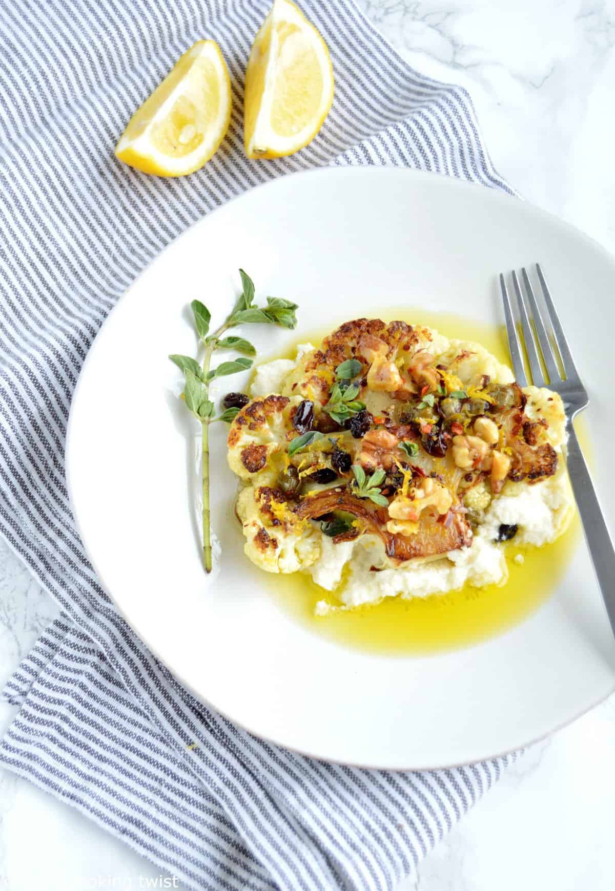 Roasted Cauliflower Steaks with a Walnut-Caper Salsa