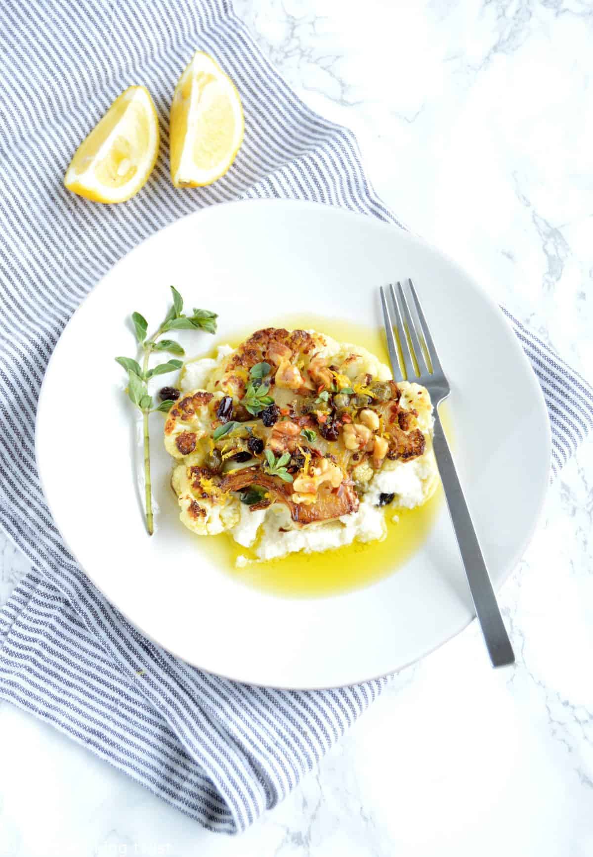 Roasted Cauliflower Steaks with a Walnut-Caper Salsa