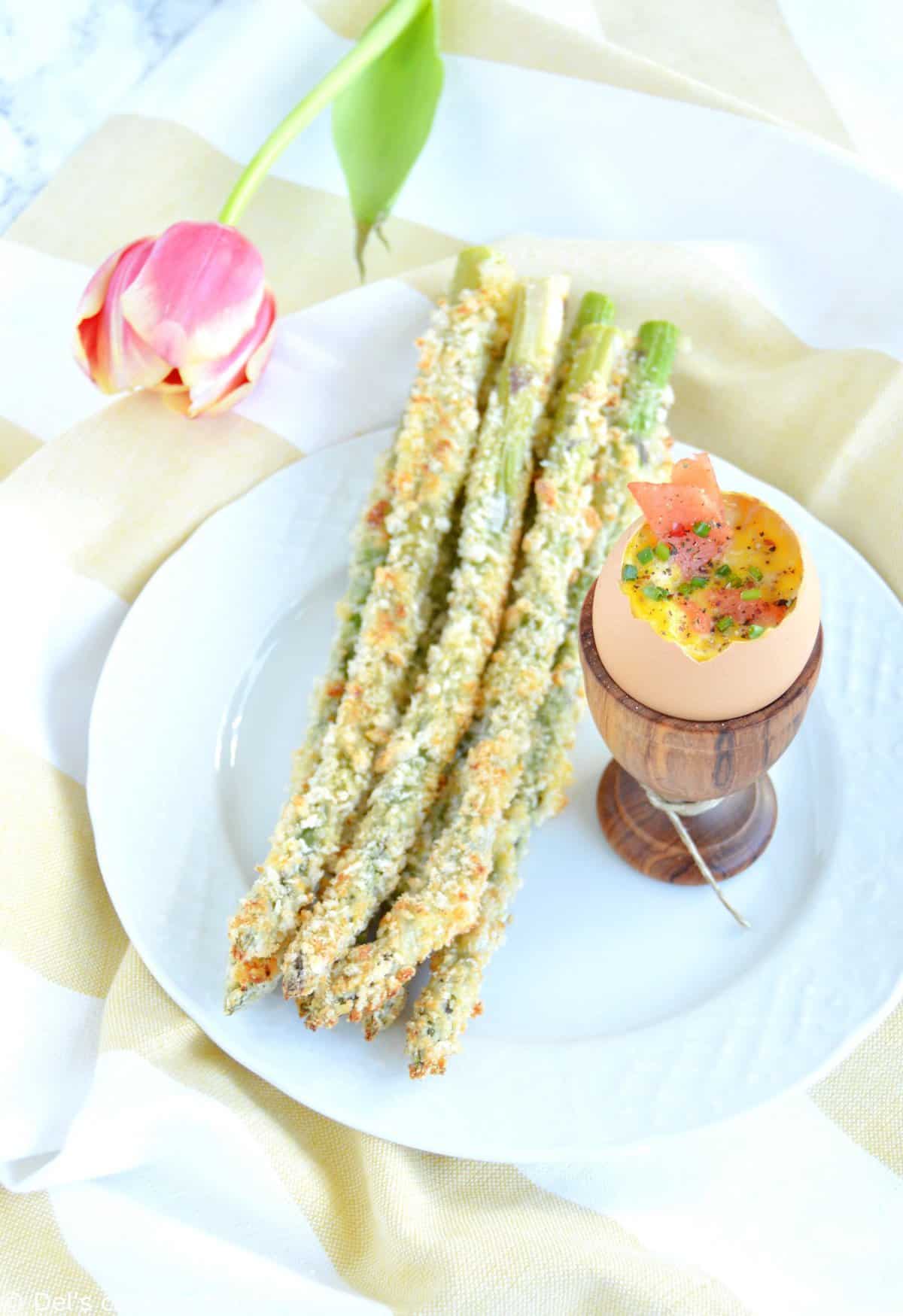 Salmon Scrambled Eggs with Parmesan-Crusted Asparagus