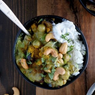 Easy eggplant chickpeas curry is a delicious, creamy, and comforting plant-based recipe. It's also naturally vegan, gluten free, and loaded with protein.