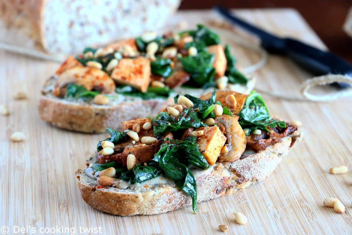 Quick Spinach & Smoked Tofu Tahini Toasts (Vegan)