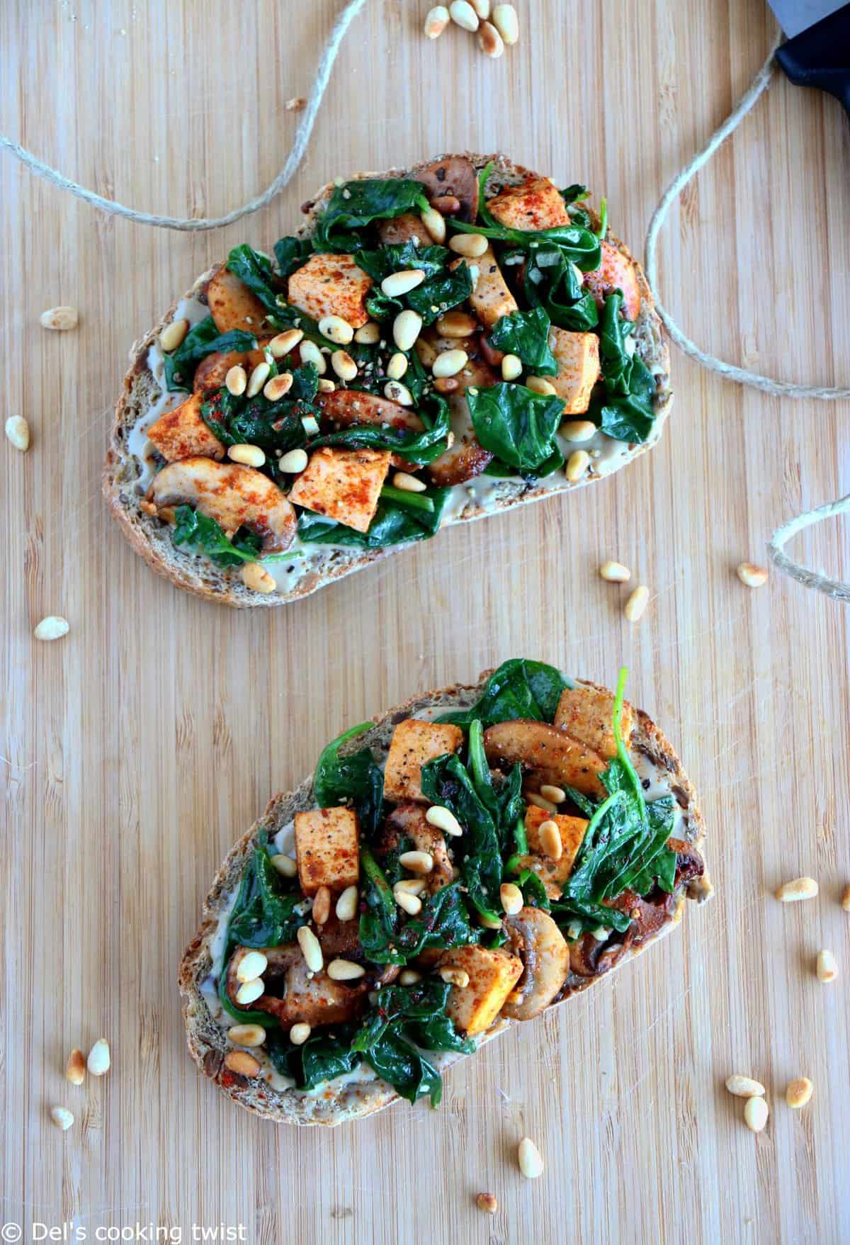 Quick Spinach & Smoked Tofu Tahini Toasts (Vegan)