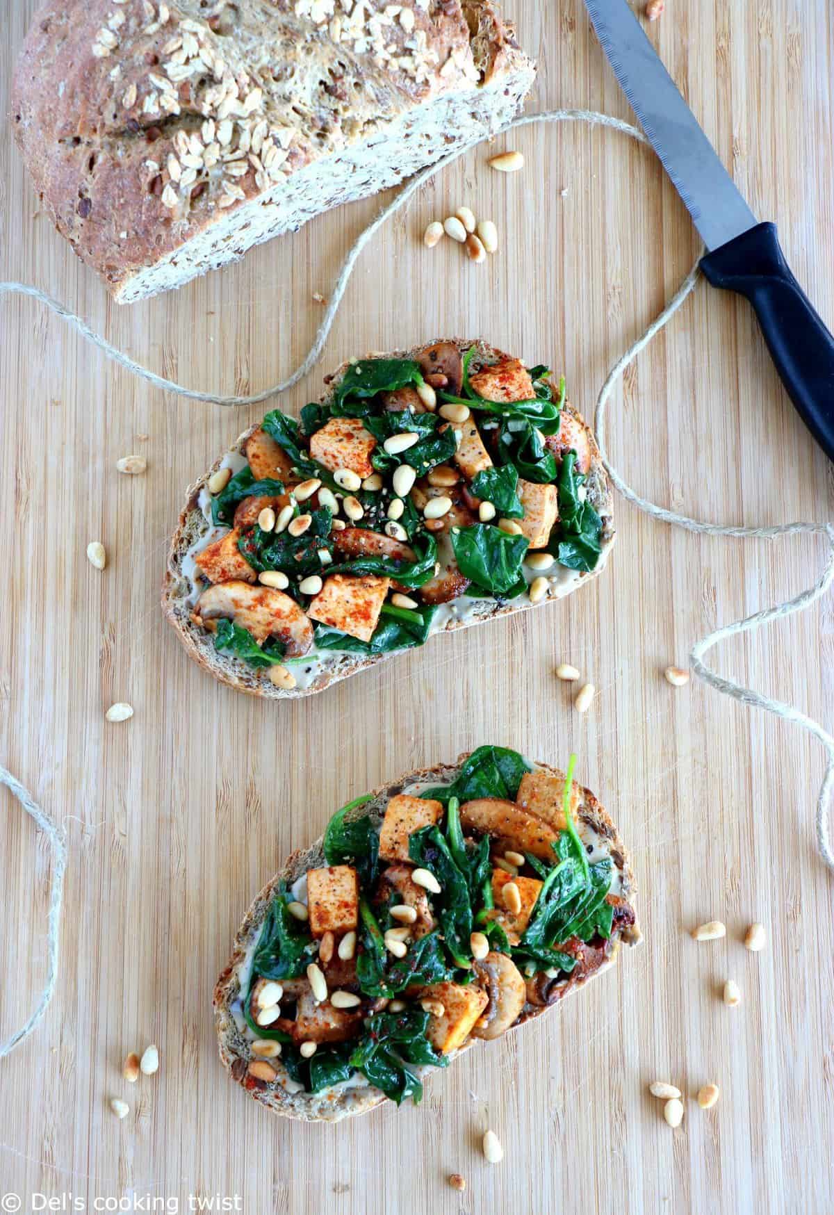 Quick Spinach & Smoked Tofu Tahini Toasts (Vegan)