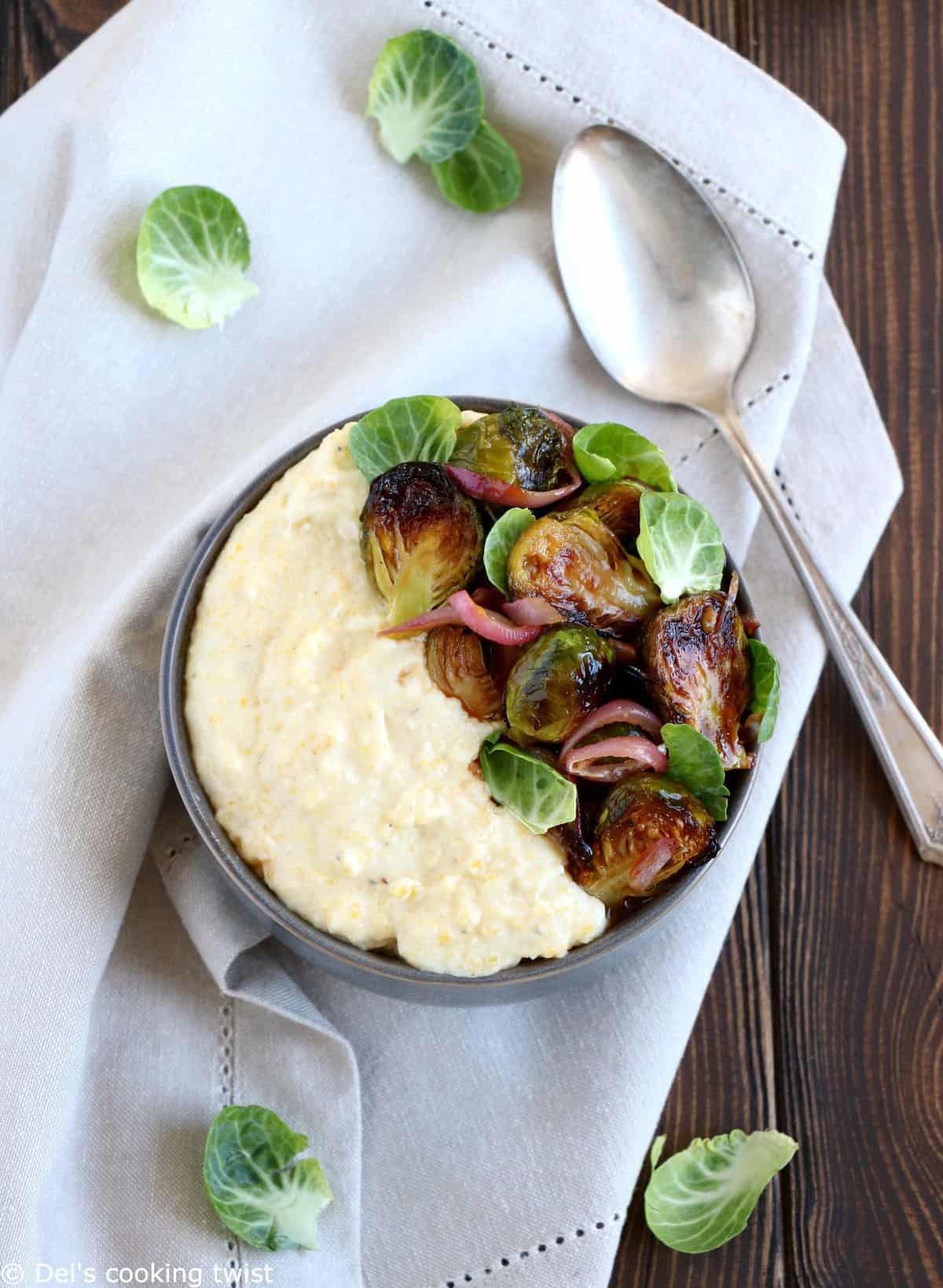 Creamy Goat Cheese Polenta with Brussels Sprouts