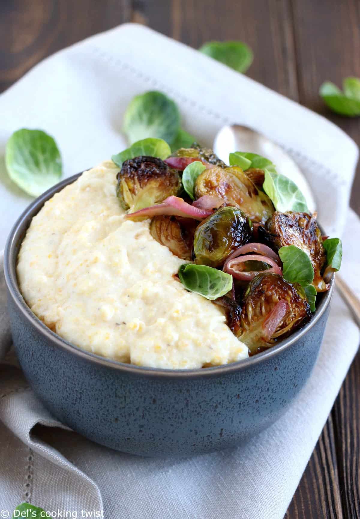 Creamy Goat Cheese Polenta with Brussels Sprouts