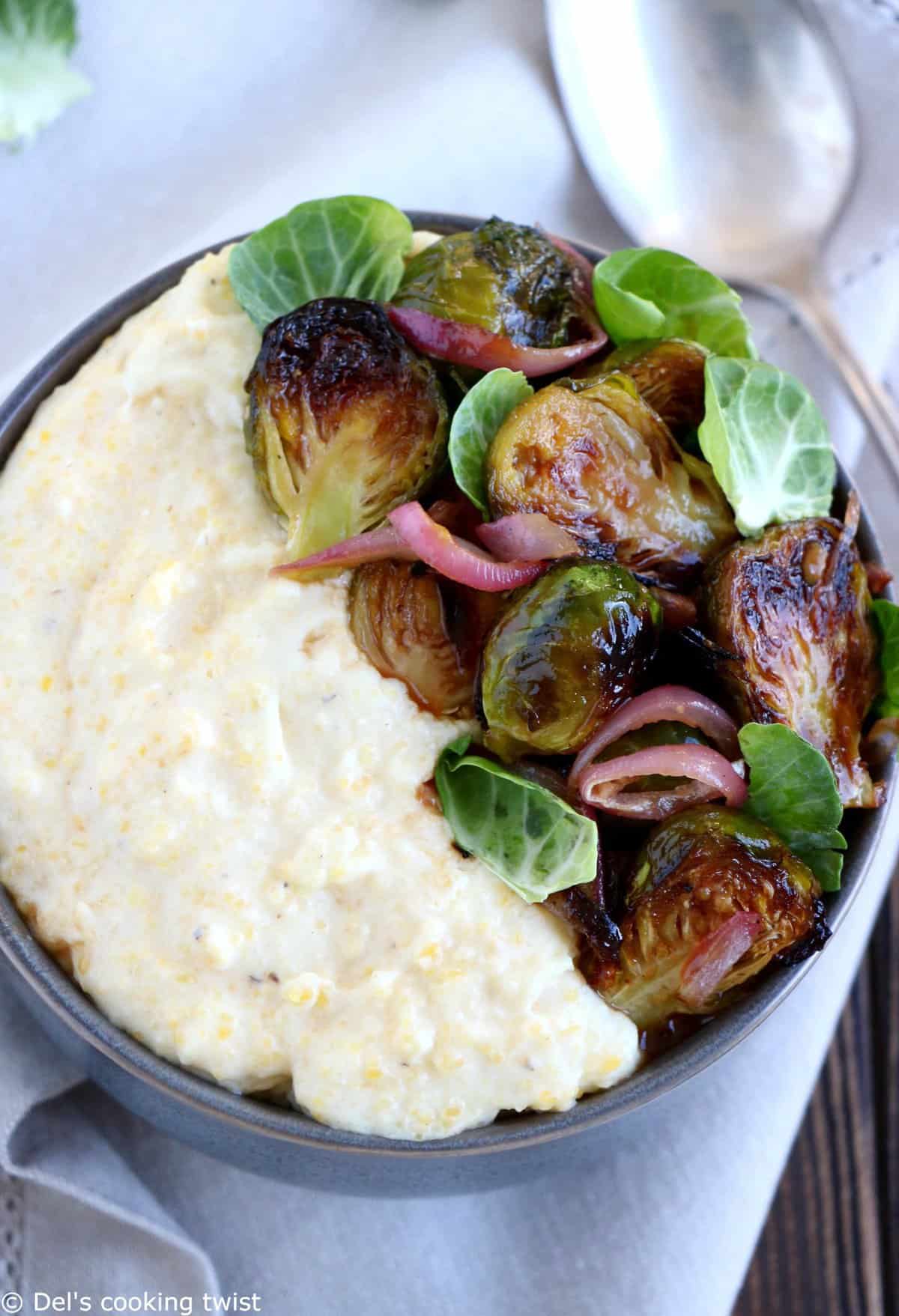 Polenta crémeuse au chèvre et choux de Bruxelles au vinaigre balsamique