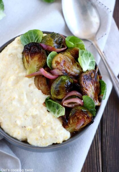 Creamy Goat Cheese Polenta with Brussels Sprouts