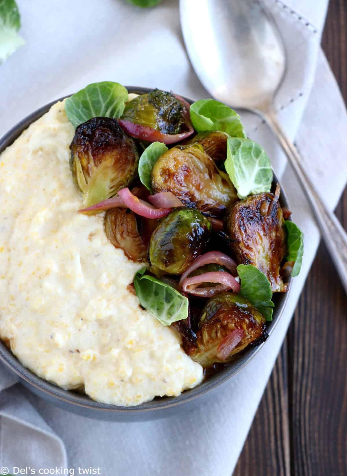 Creamy Goat Cheese Polenta with Brussels Sprouts