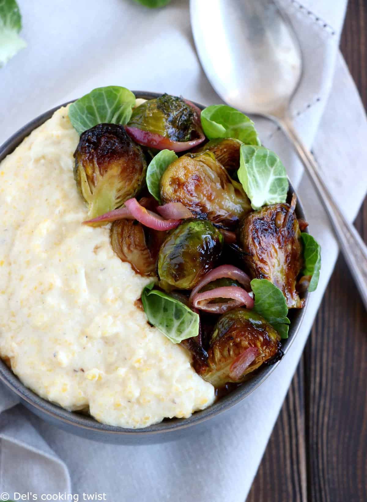 Polenta crémeuse au chèvre et choux de Bruxelles au vinaigre balsamique