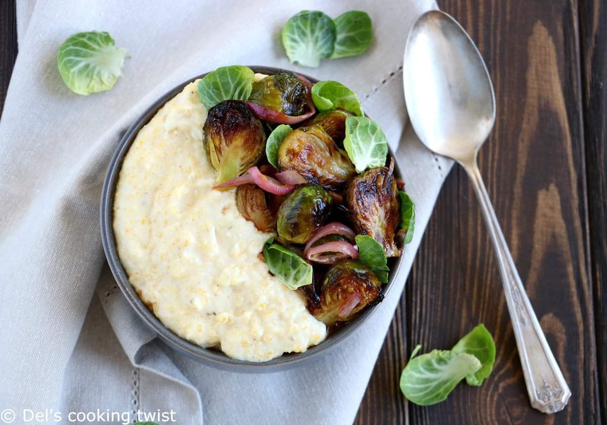 Polenta crémeuse au chèvre et choux de Bruxelles au vinaigre balsamique