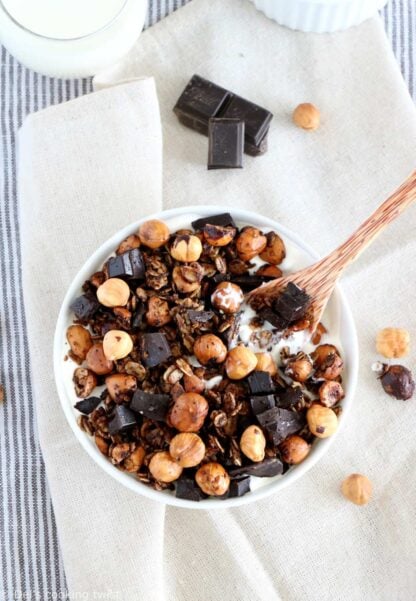 This coffee chocolate hazelnut granola  is crunchy, strong in flavors, loaded with dark chocolate chunks, and simply irresistible.