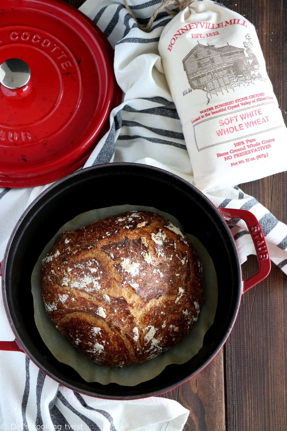 No-Knead Whole Wheat Dutch Oven Bread