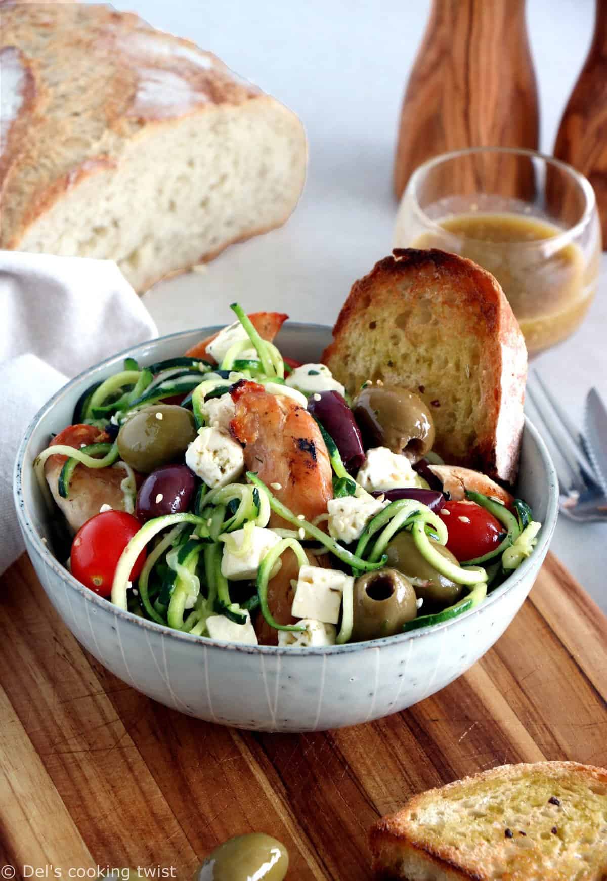 This delicious Greek chicken salad with zoodles (zucchini noodles), feta and olives makes a wonderful summer meal.