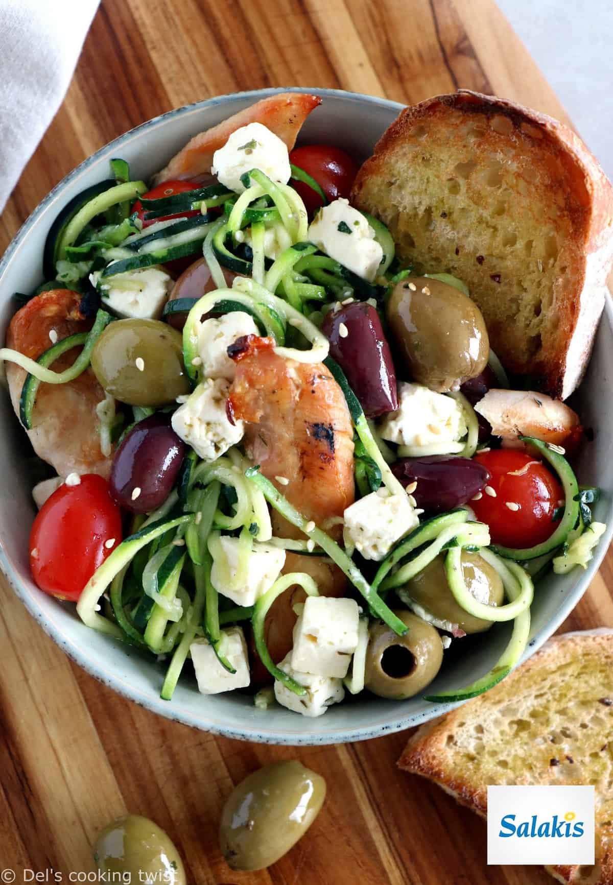 This delicious Greek chicken salad with zoodles (zucchini noodles), feta and olives makes a wonderful summer meal.