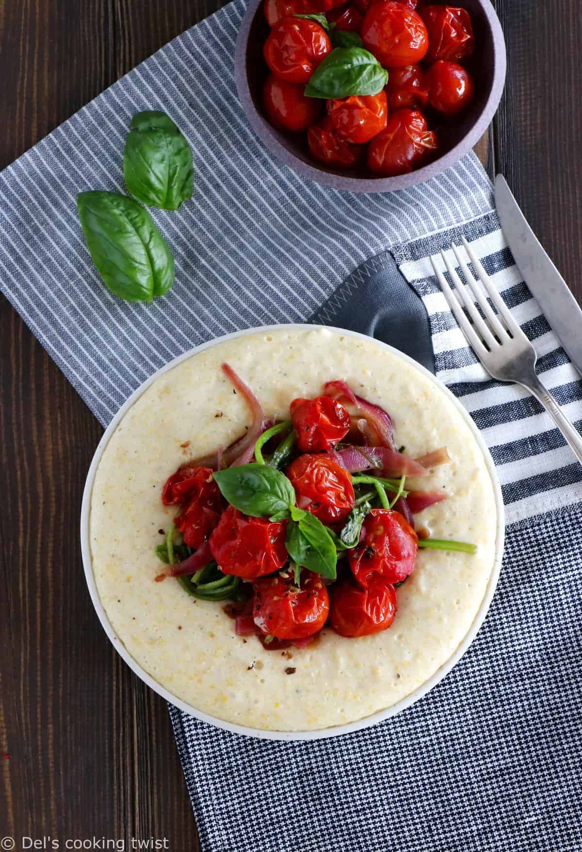 Roasted Tomato Spinach and Goat Cheese Polenta