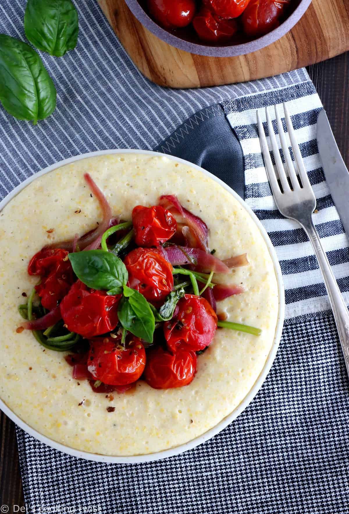 Roasted Tomato Spinach and Goat Cheese Polenta