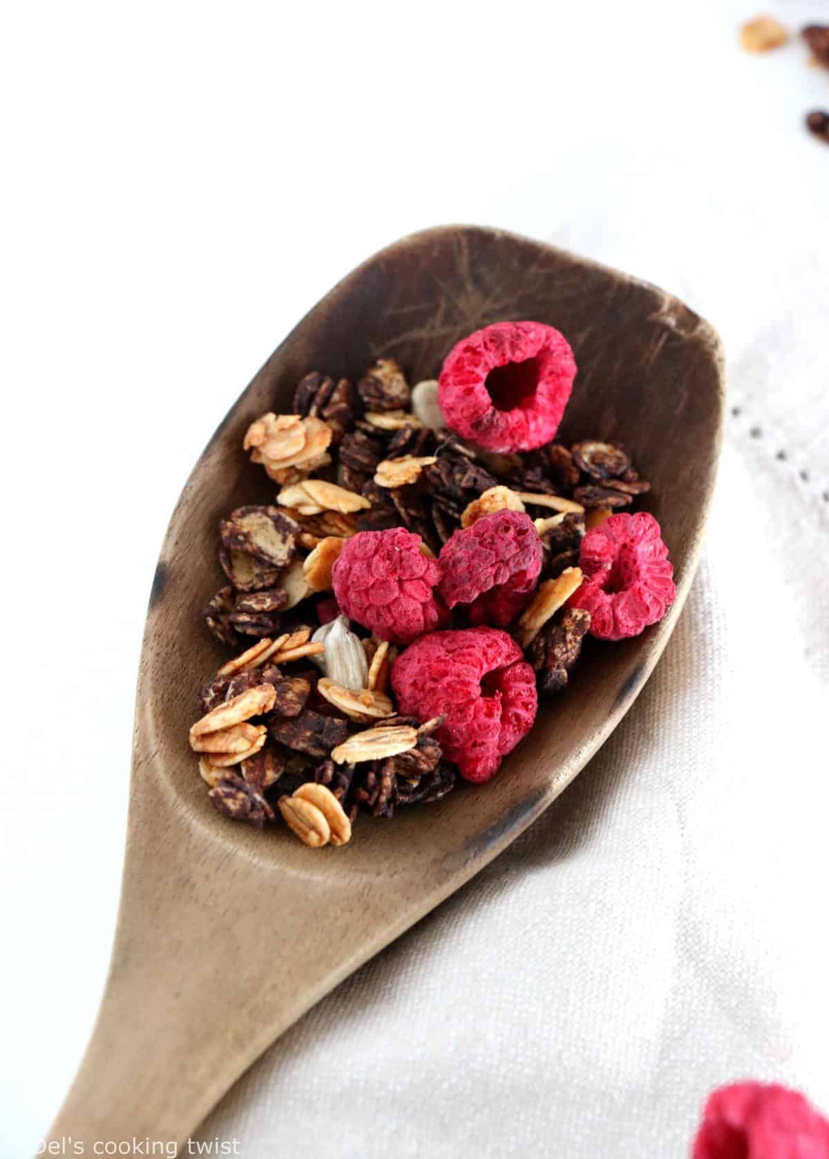 Granola sans sucre cacao-framboises
