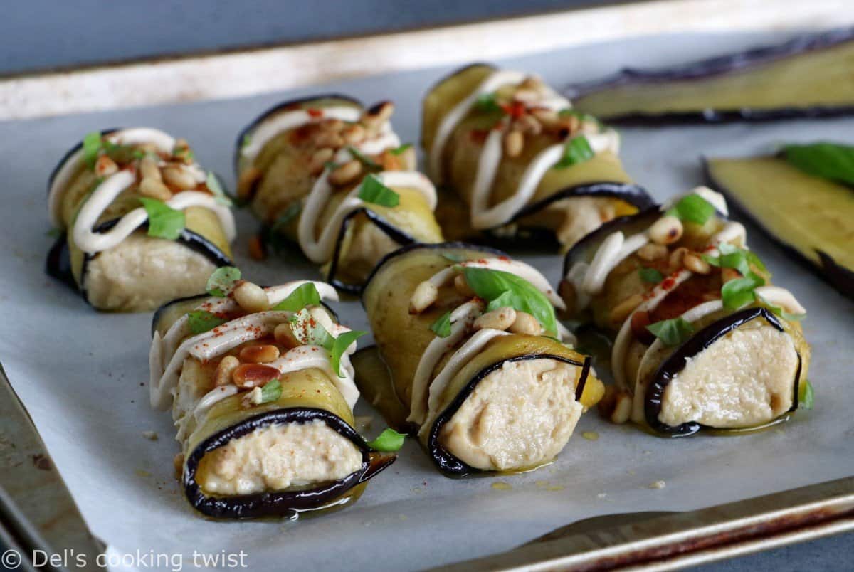 Eggplant Rolls filled with Roasted Garlic Hummus