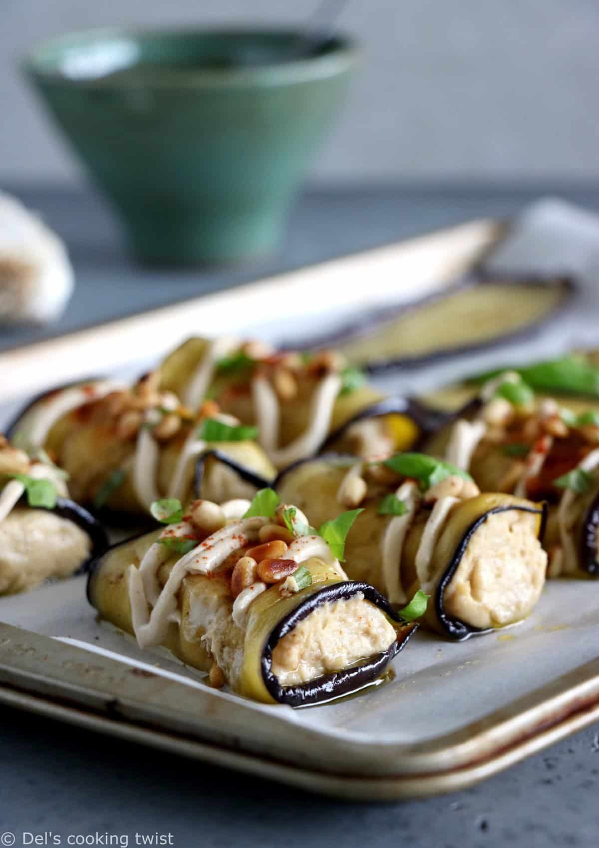 Eggplant Rolls filled with Roasted Garlic Hummus