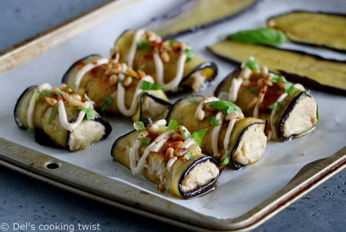 Eggplant Rolls filled with Roasted Garlic Hummus