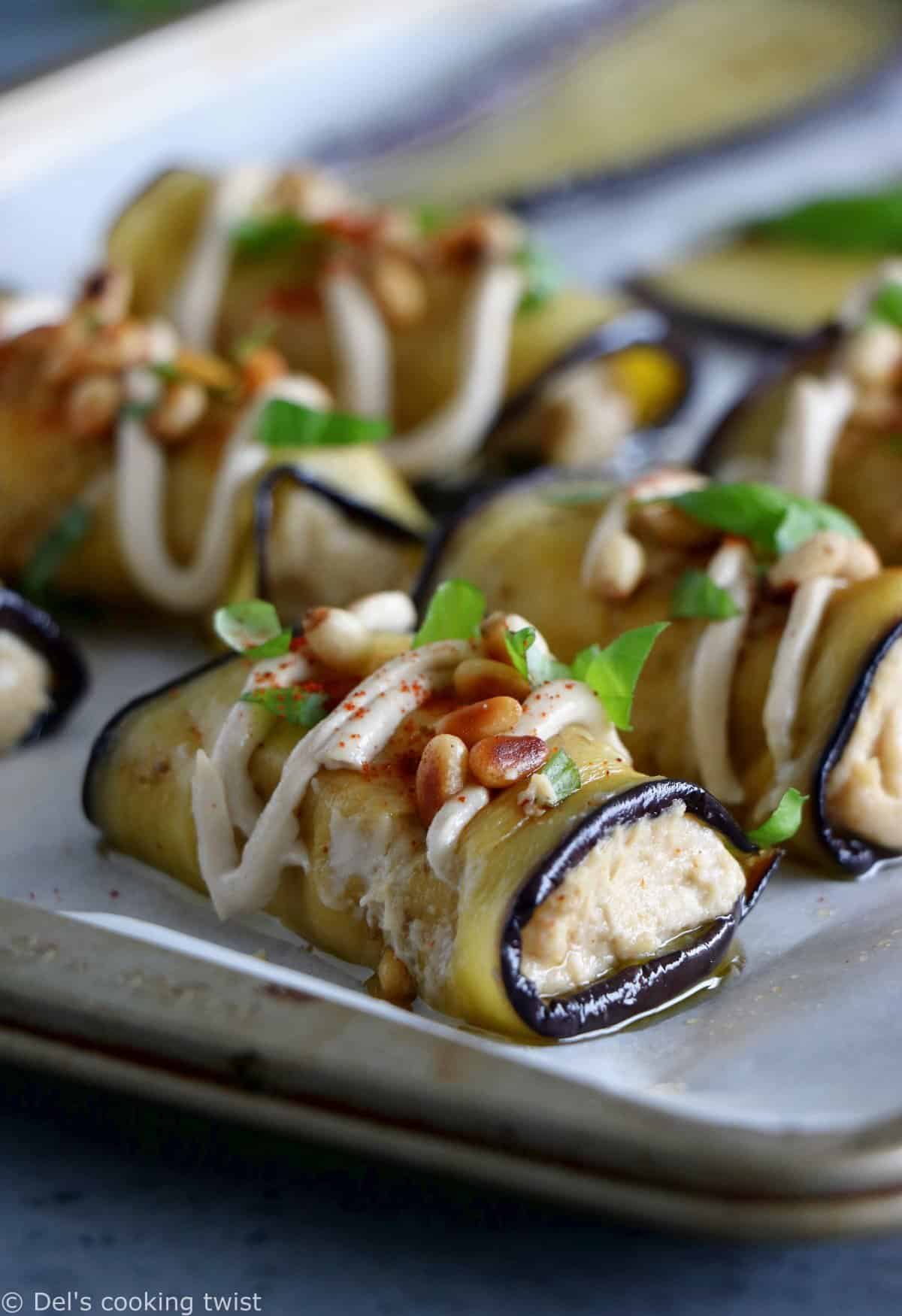 Eggplant Rolls filled with Roasted Garlic Hummus