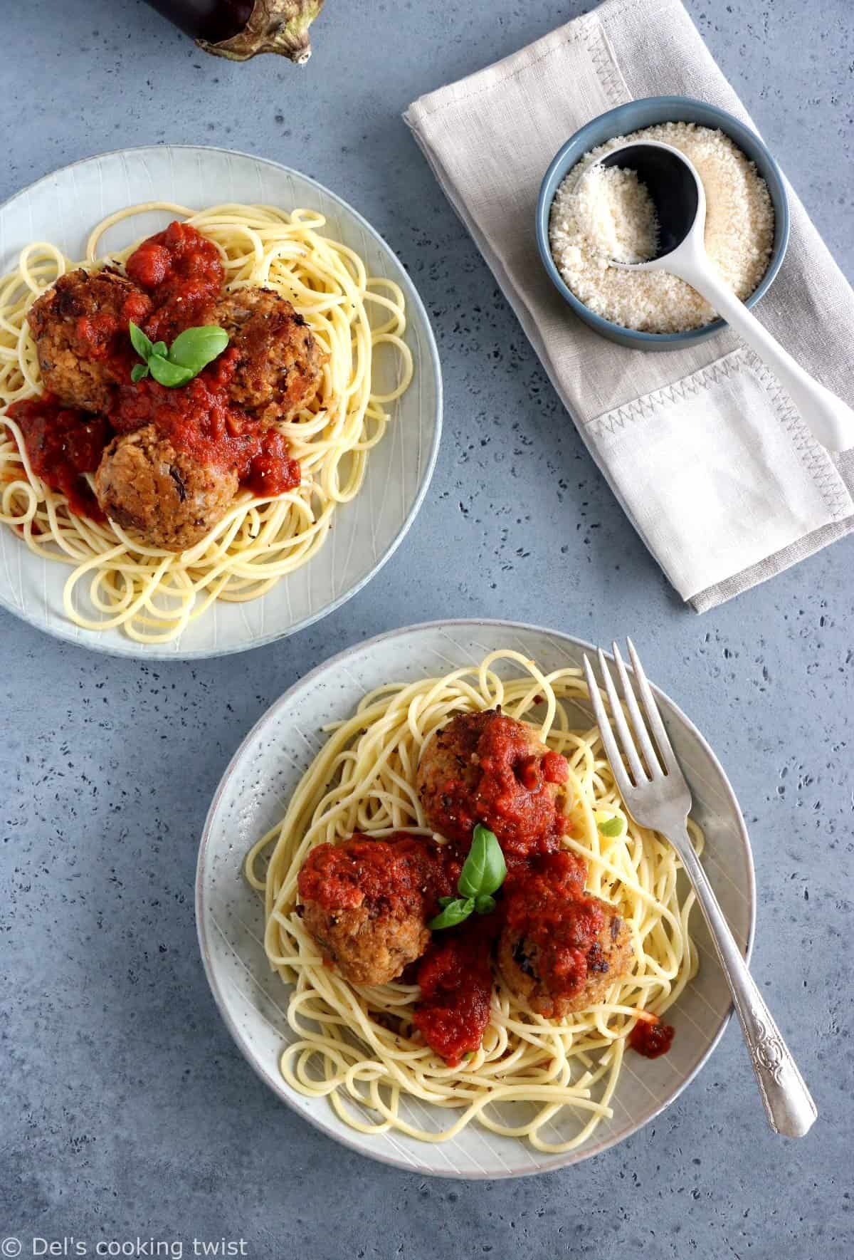 Boulettes d'aubergines végétariennes et spaghettis de kamut®