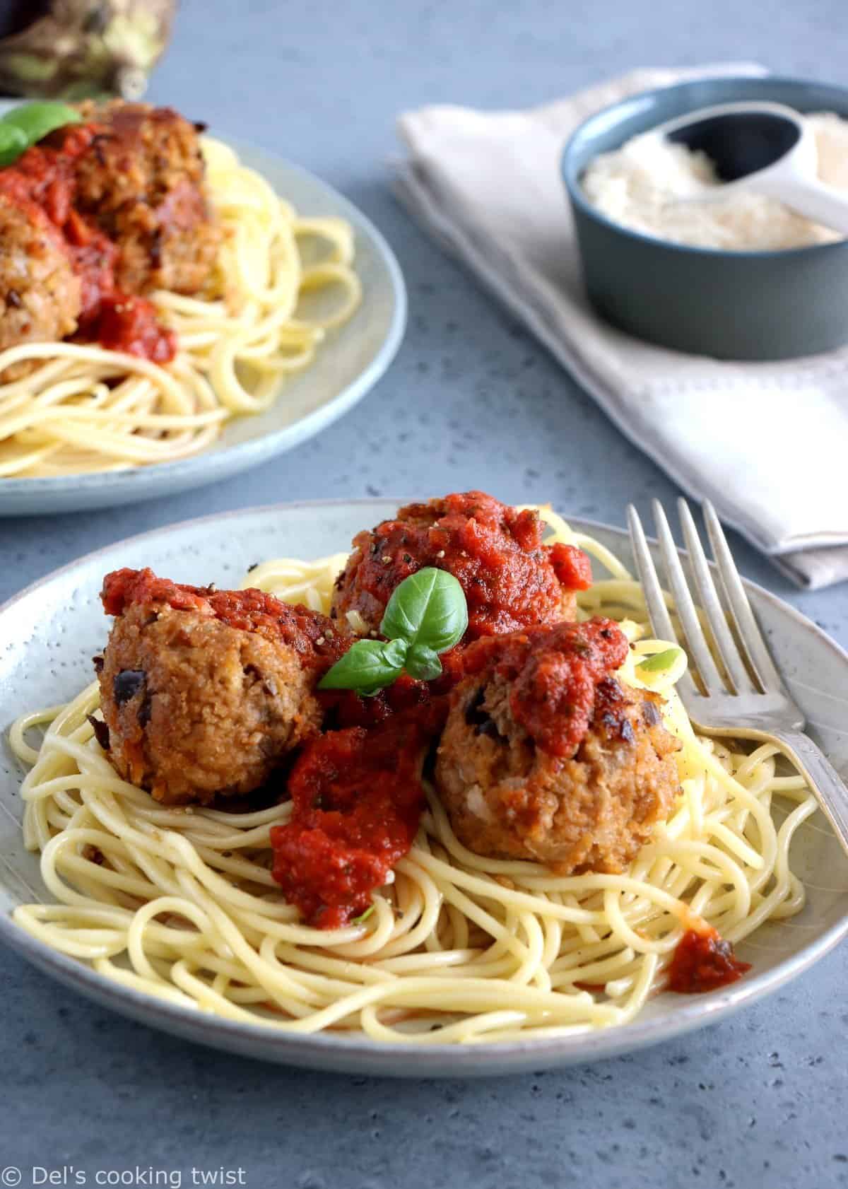 Boulettes d'aubergines végétariennes et spaghettis de kamut® - Del's  cooking twist