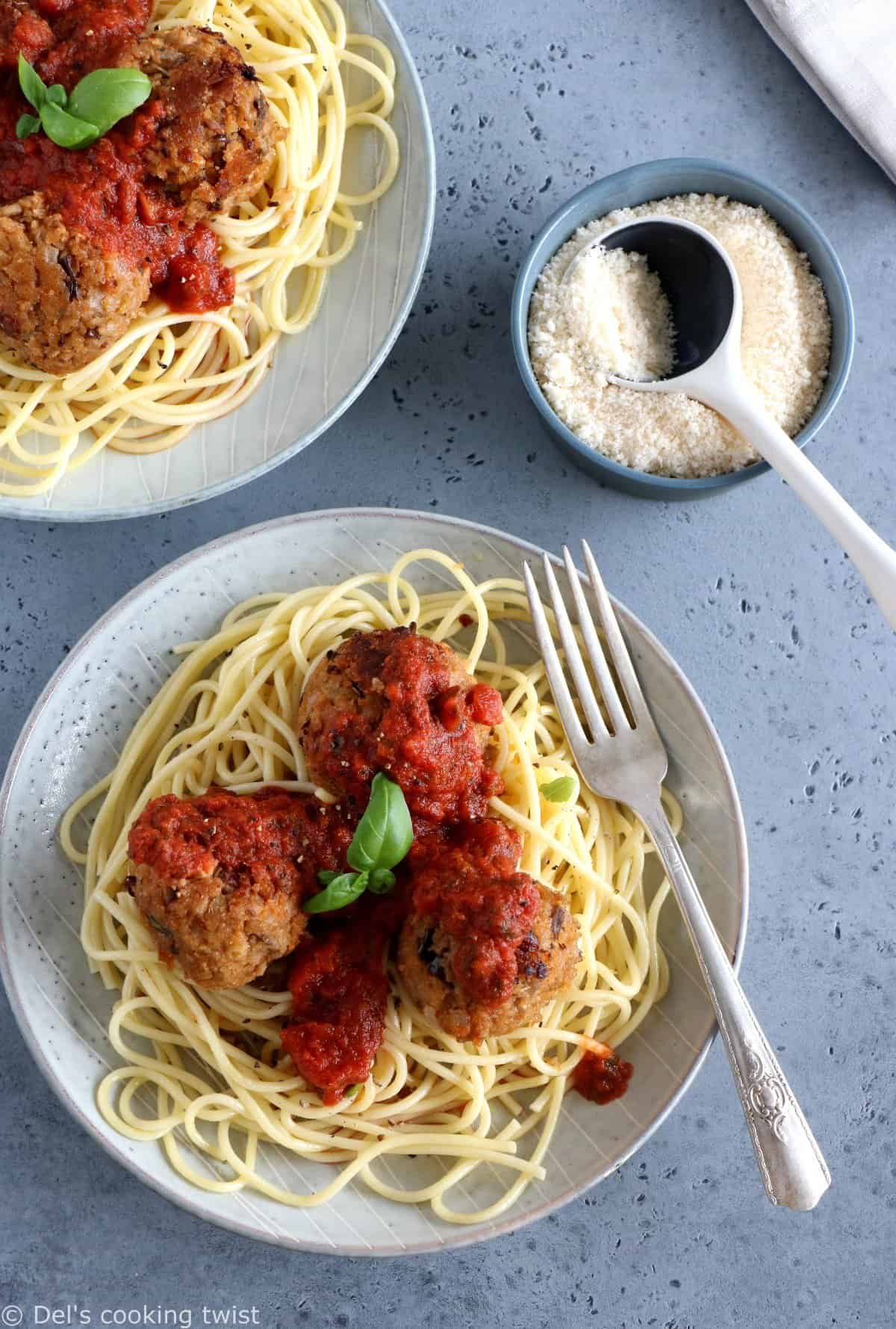 Boulettes d'aubergines végétariennes et spaghettis de kamut®