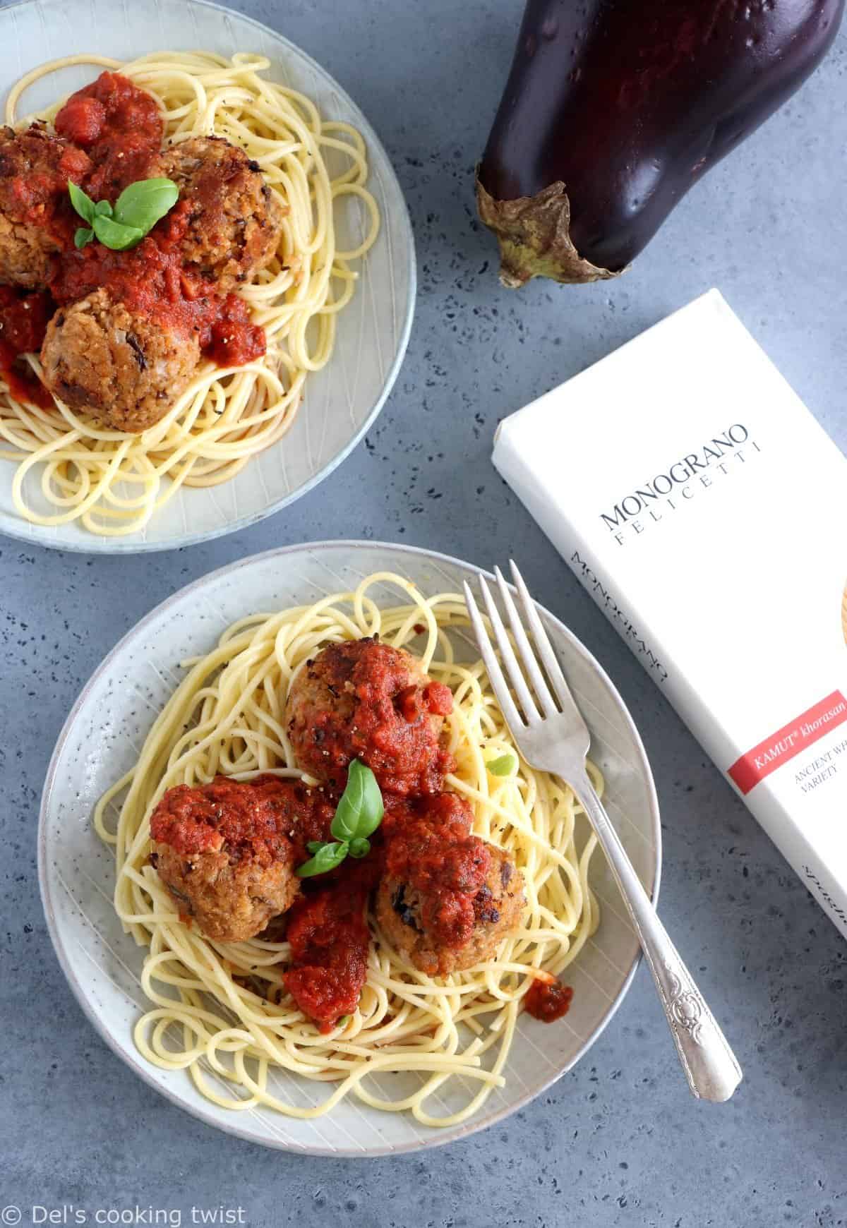 Boulettes d'aubergines végétariennes et spaghettis de kamut®