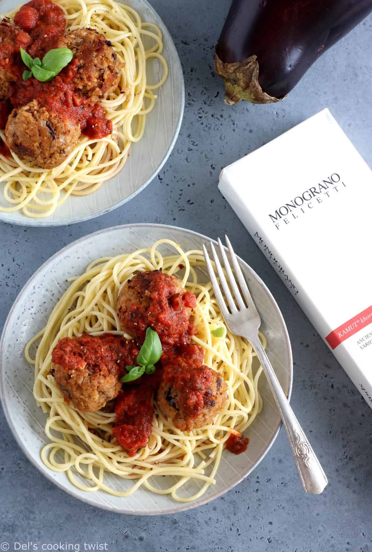 Boulettes d'aubergines végétariennes et spaghettis de kamut®