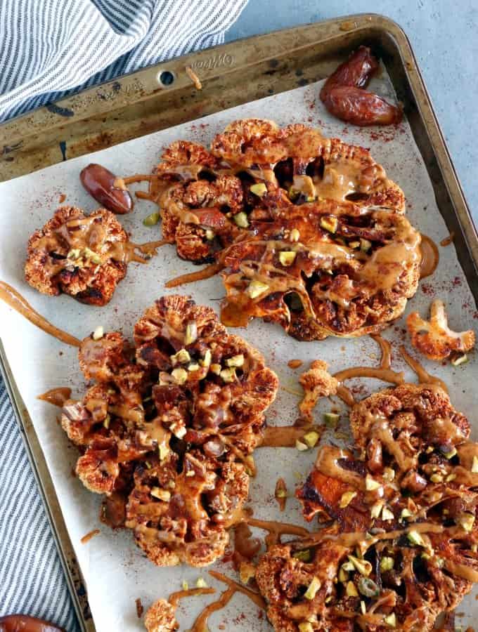 Cauliflower Steaks with Tahini-Harissa Sauce