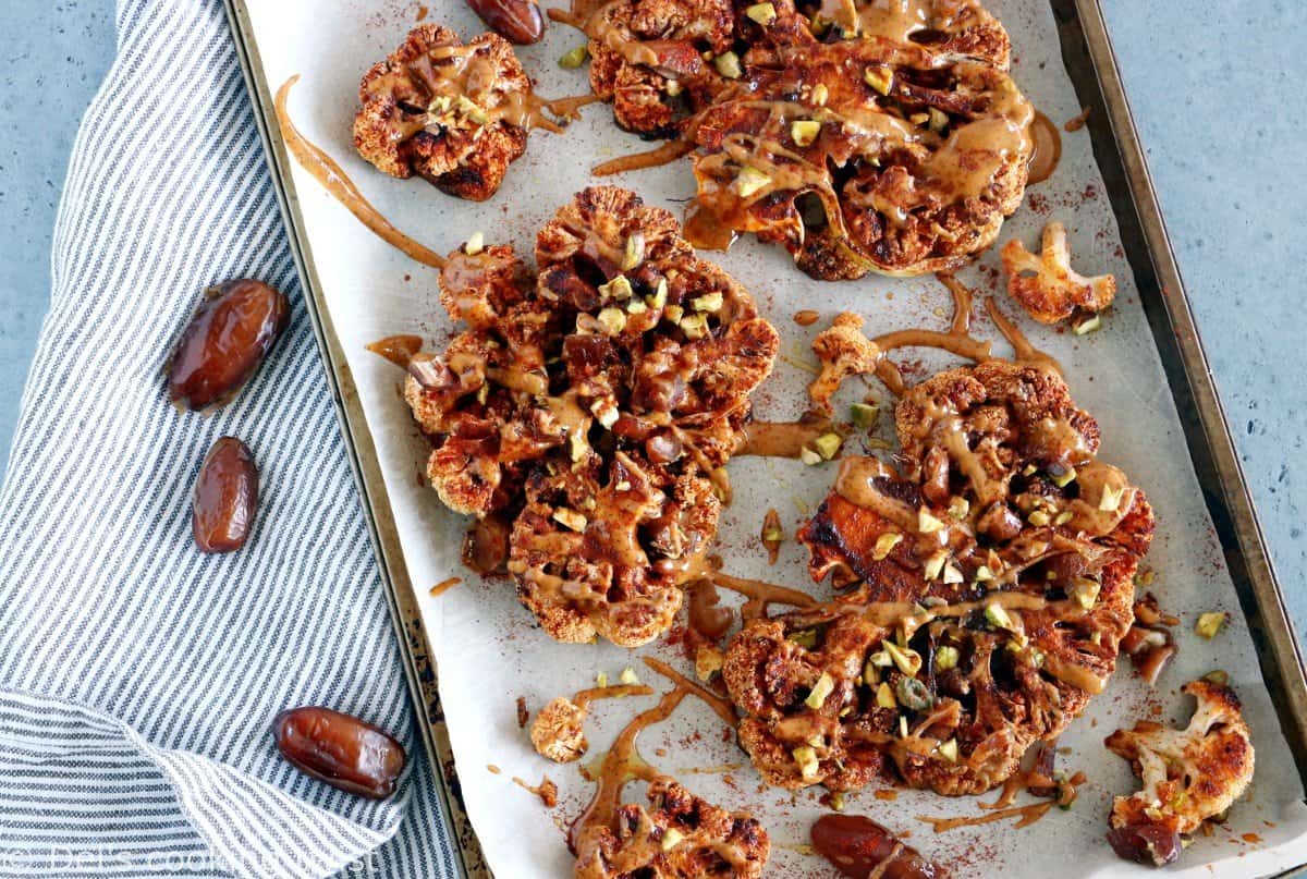 Cauliflower Steaks with Tahini-Harissa Sauce