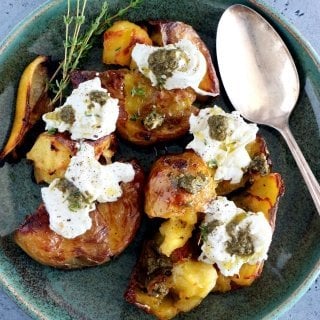 Smashed Lemony Potatoes with Burrata and Pesto