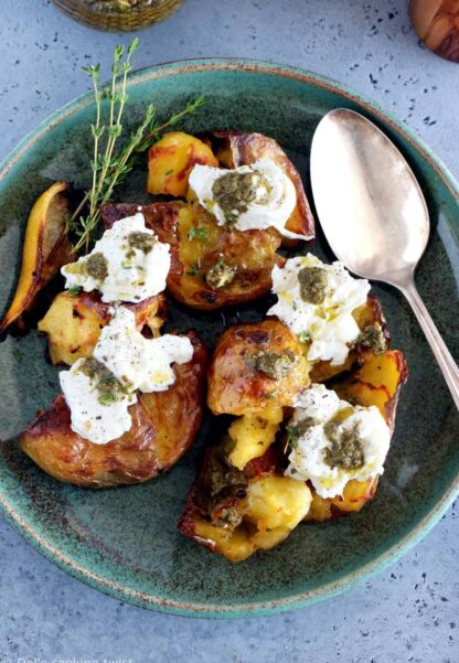 Smashed Lemony Potatoes with Burrata and Pesto